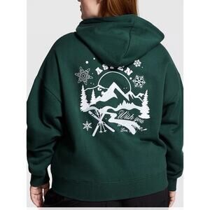 Victoria's Secret PINK M Ivy Fleece Campus Full-Zip Hoodie Deep Forest Aspen